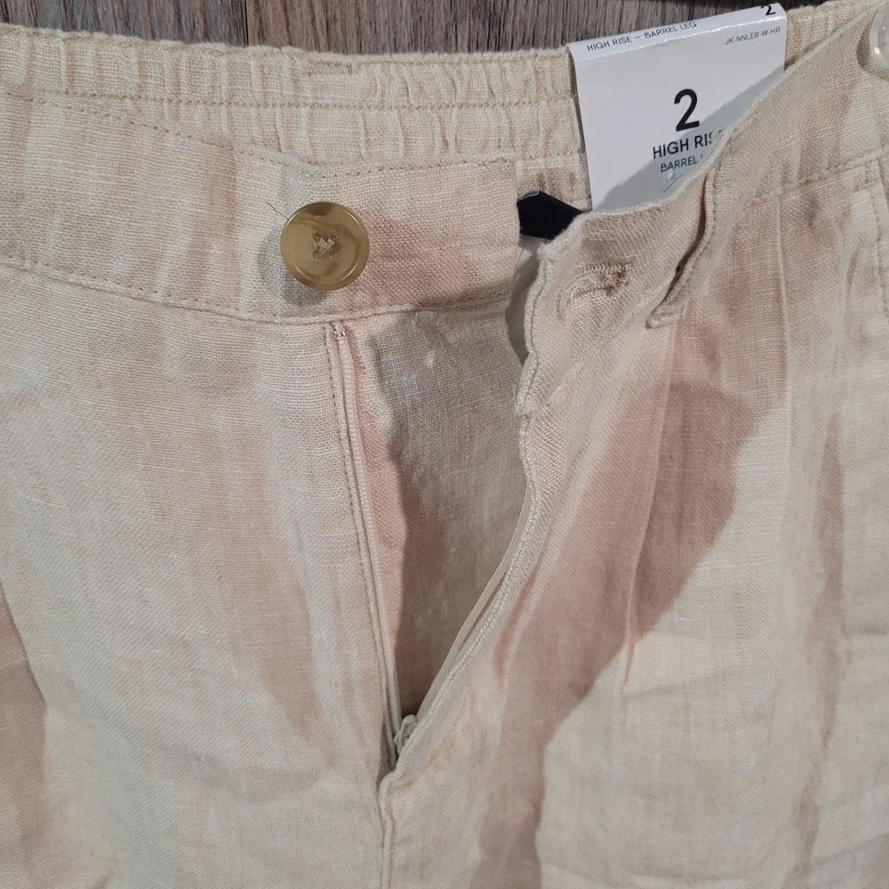LANDS' END High Rise Barrel Leg 100% Linen Pants Sz 2 x 27 Beige Beach Vacation